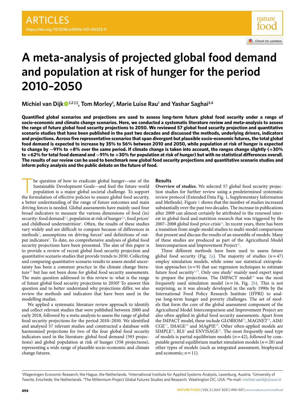 Cover image for A meta-analysis of projected global food demand and population at risk of hunger for the period 2010–2050