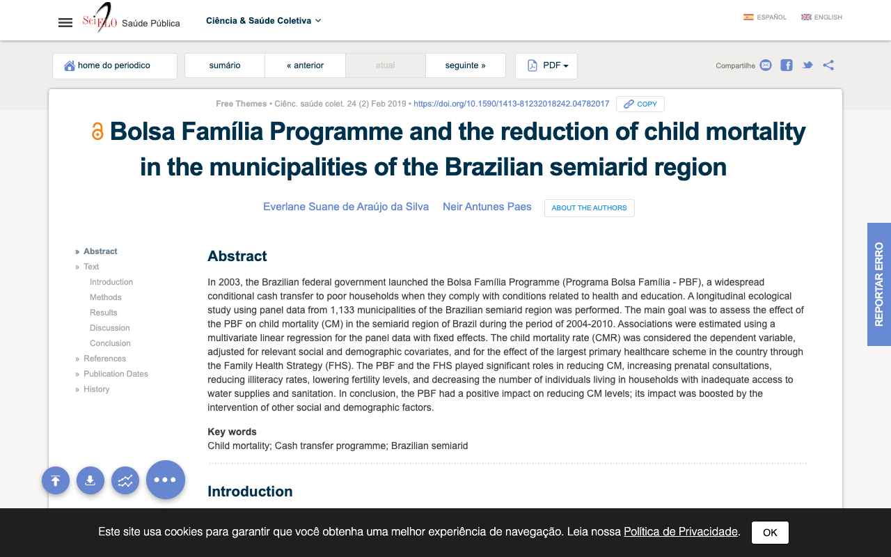 Cover image for Bolsa Família Programme and the reduction of child mortality in the municipalities of the Brazilian semiarid region