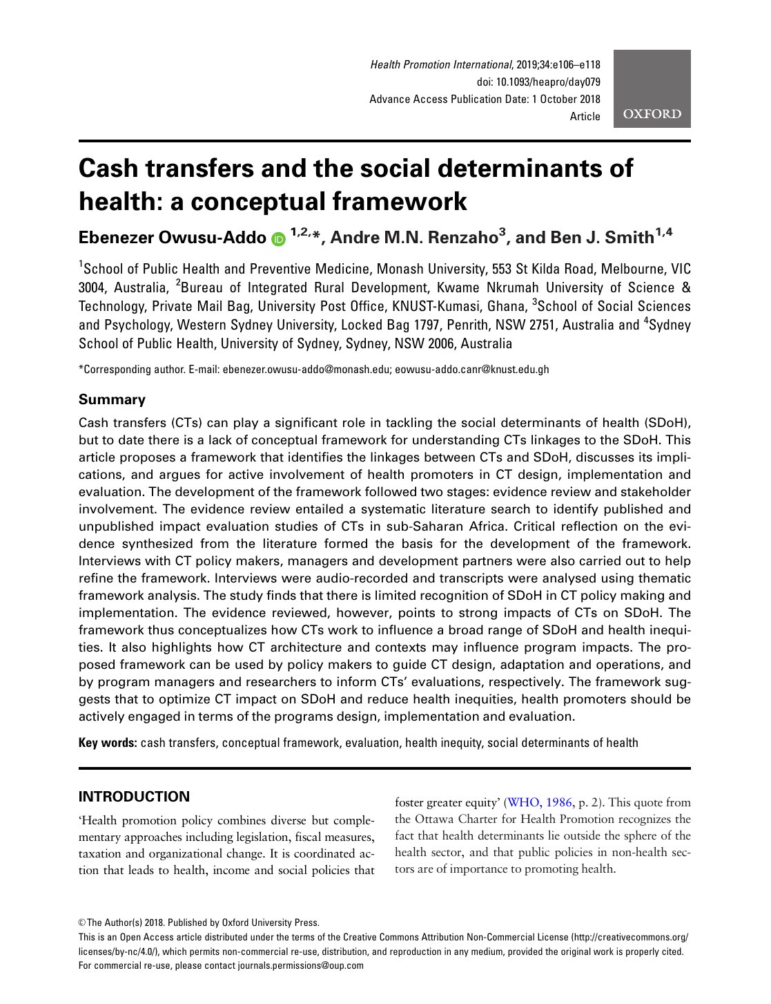 Cover image for Cash transfers and the social determinants of health: a conceptual framework