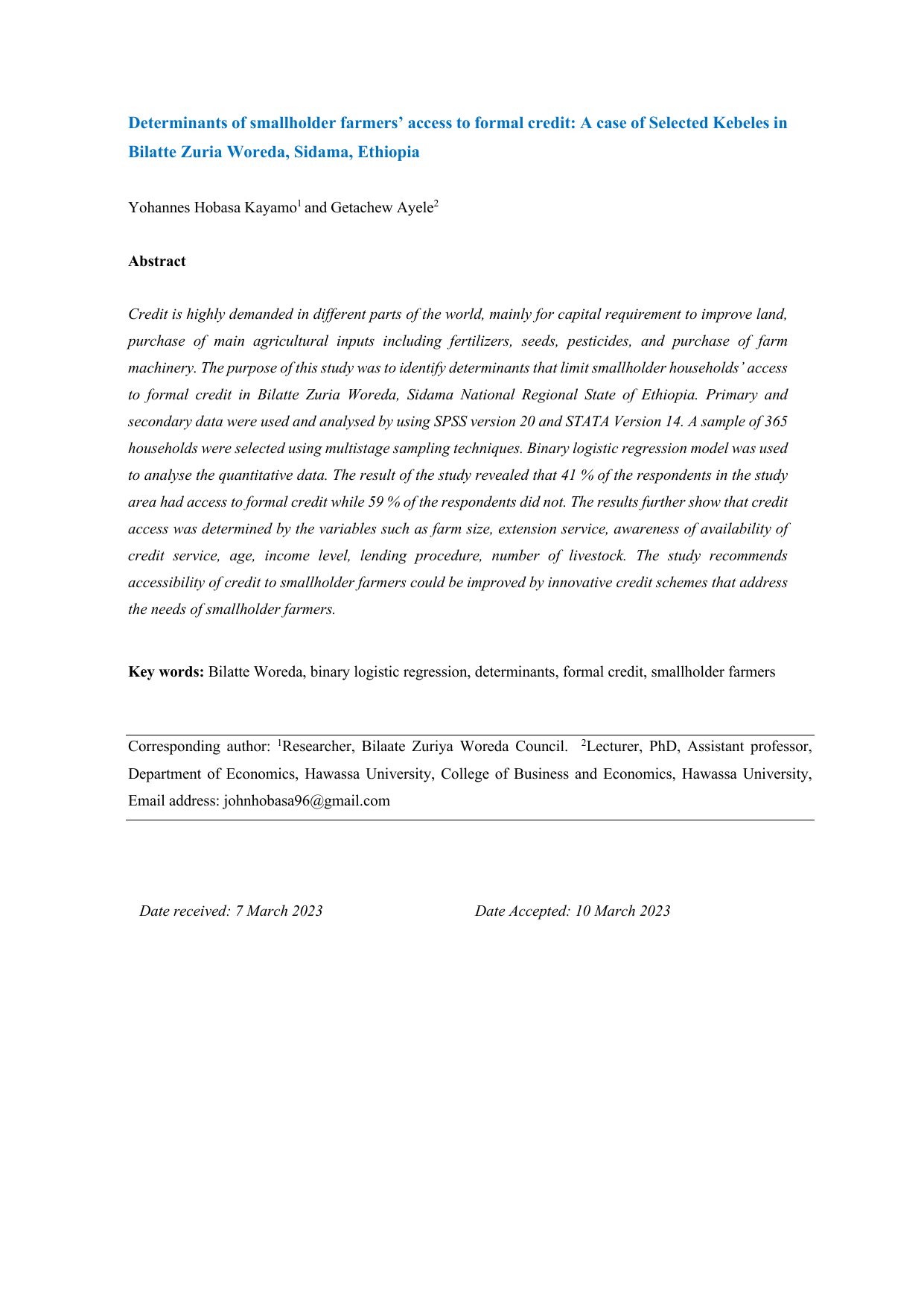 Cover image for Determinants of smallholder farmers' access to formal credit: A case of Selected Kebeles in Bilatte Zuria Woreda, Sidama, Ethiopia
