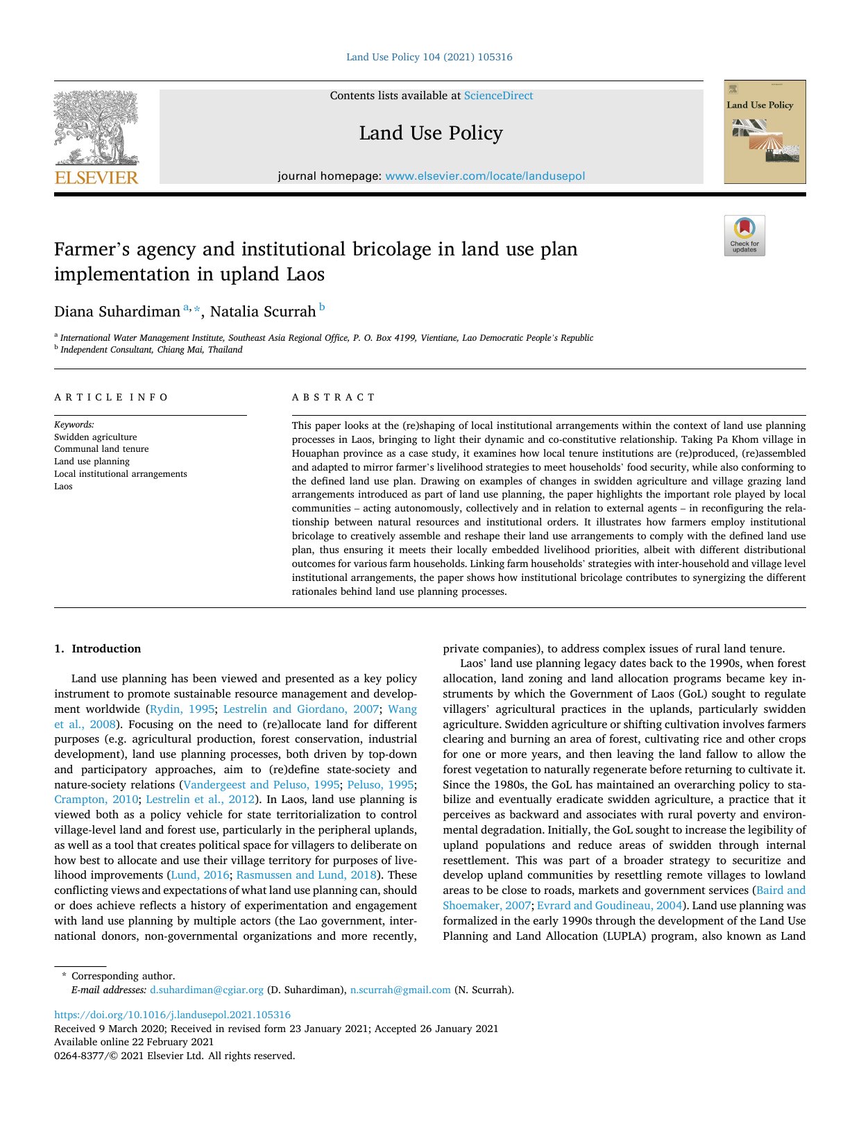 Cover image for Farmer's agency and institutional bricolage in land use plan implementation in upland Laos