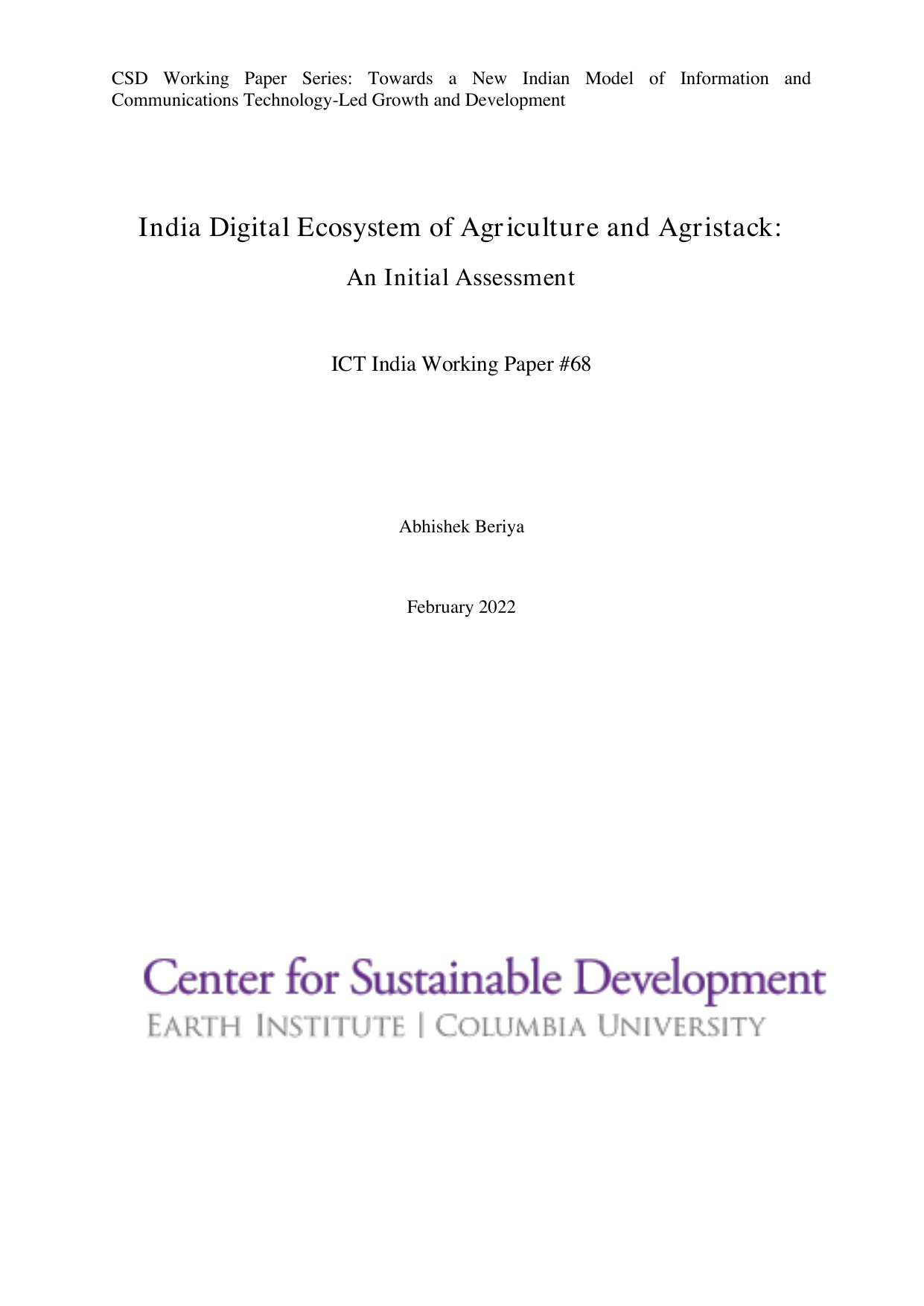 Cover image for India Digital Ecosystem of Agriculture and Agristack: An Initial Assessment