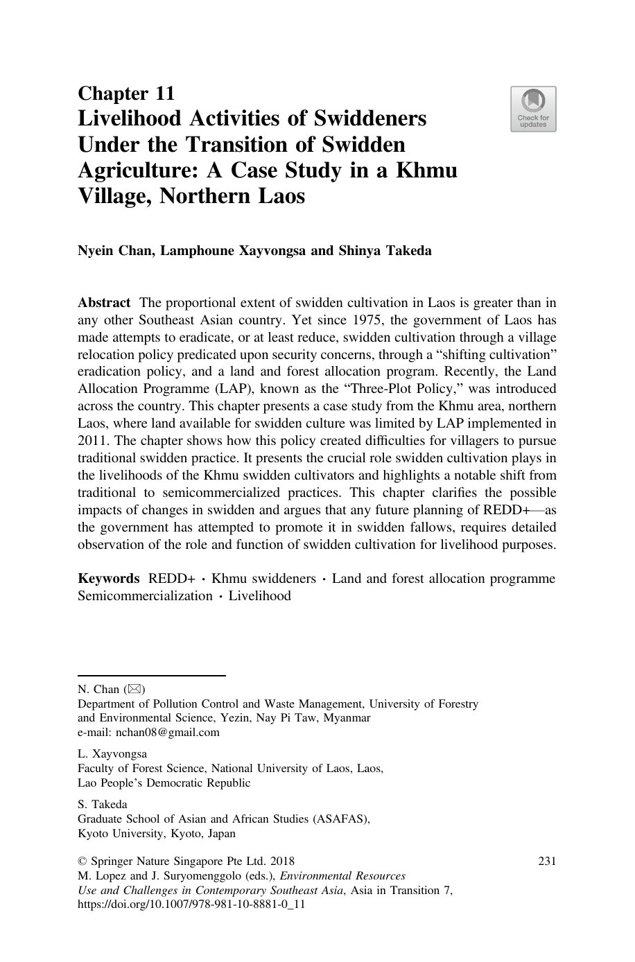 Cover image for Livelihood Activities of Swiddeners Under the Transition of Swidden Agriculture: A Case Study in a Khmu Village, Northern Laos