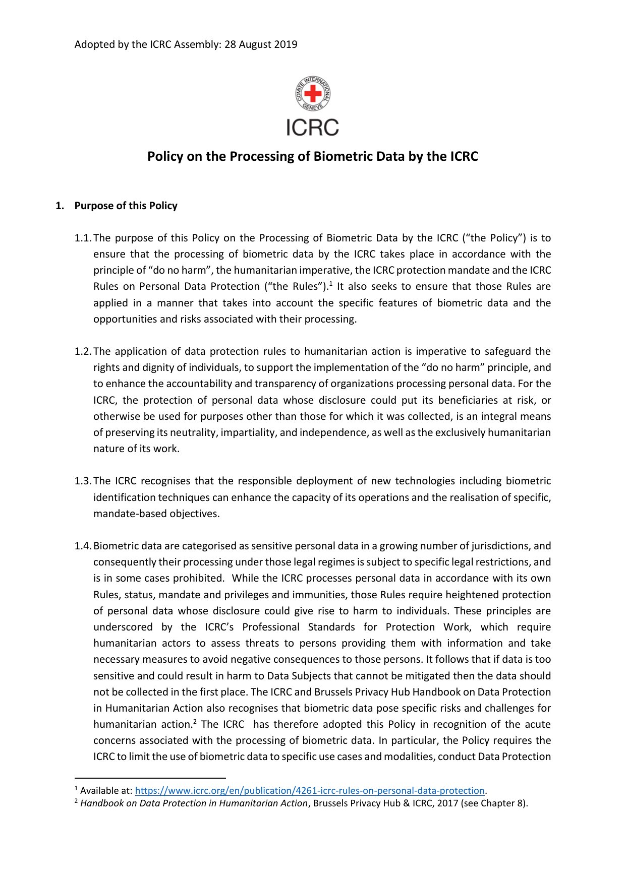 Cover image for Policy on the Processing of Biometric Data by the ICRC