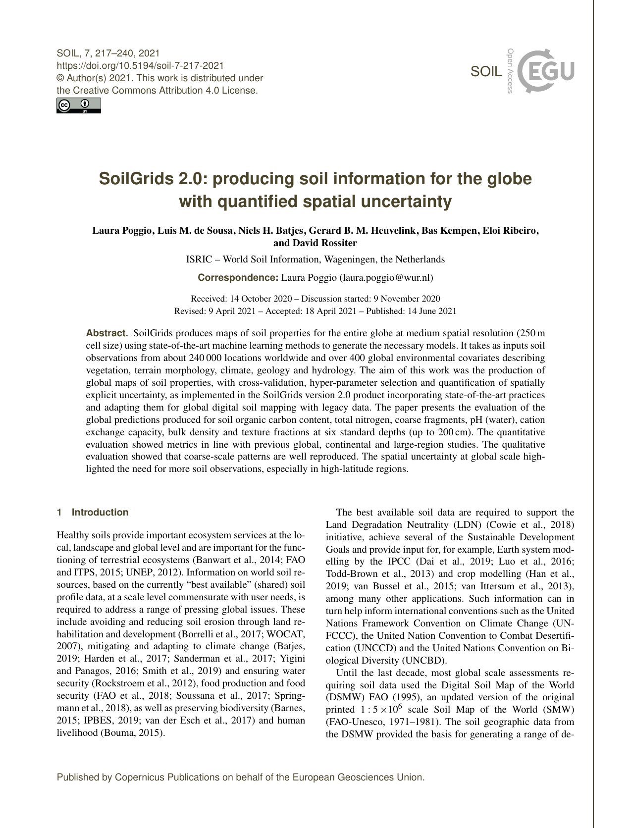 Cover image for SoilGrids 2.0: producing soil information for the globe with quantified spatial uncertainty