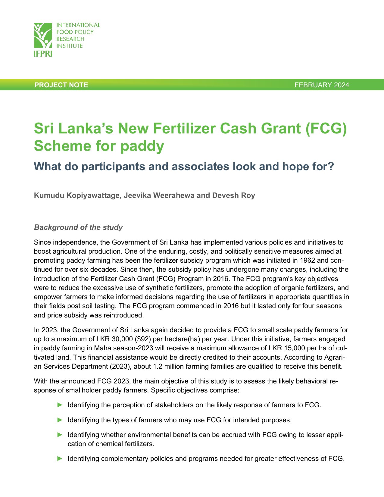Cover image for Sri Lanka's New Fertilizer Cash Grant (FCG) Scheme for paddy: What do participants and associates look and hope for?