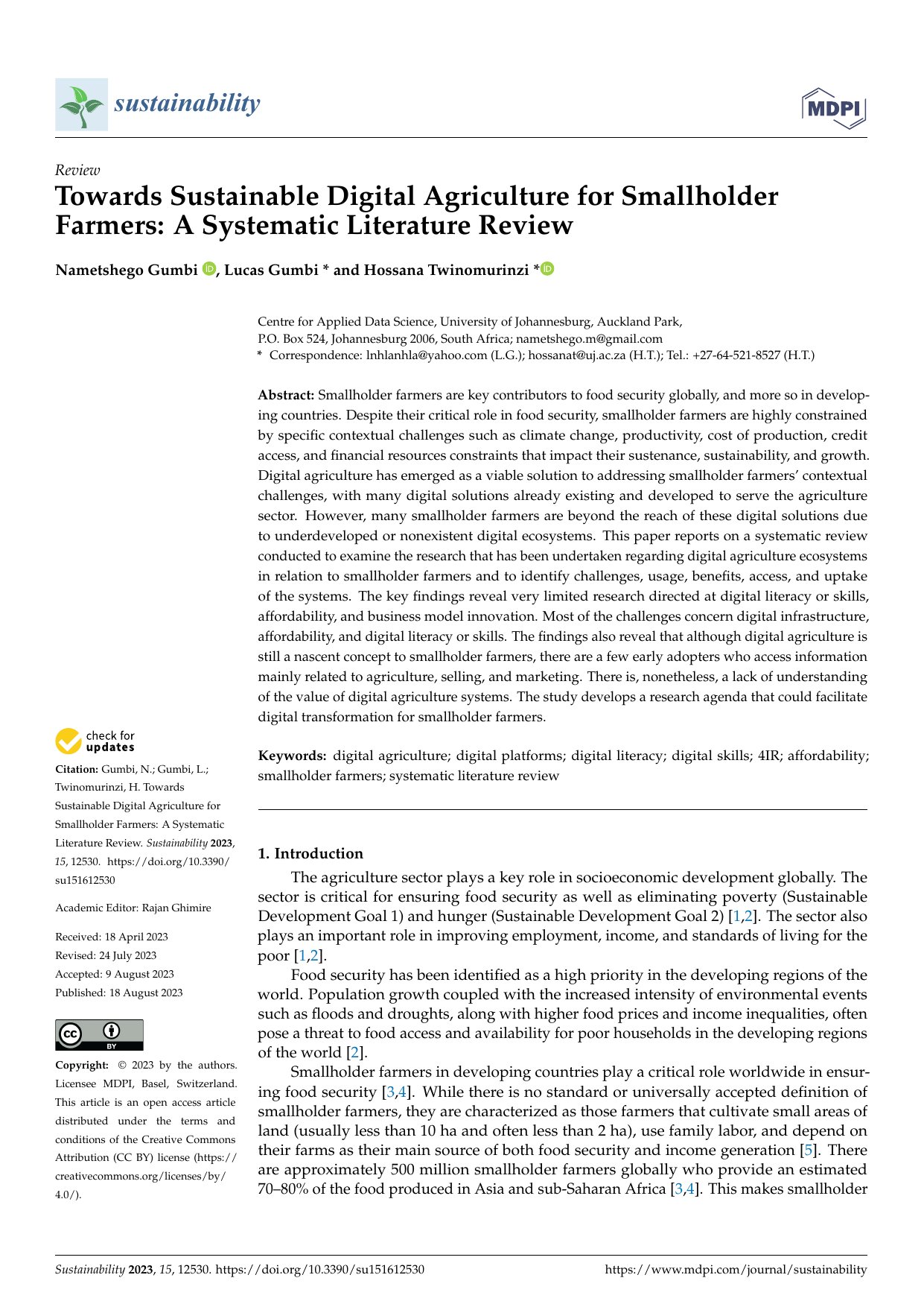 Cover image for Towards Sustainable Digital Agriculture for Smallholder Farmers: A Systematic Literature Review
